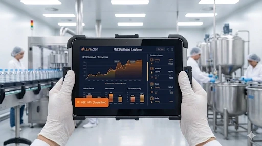 Operator memantau dashboard MES Leapfactor dari tablet di lantai produksi